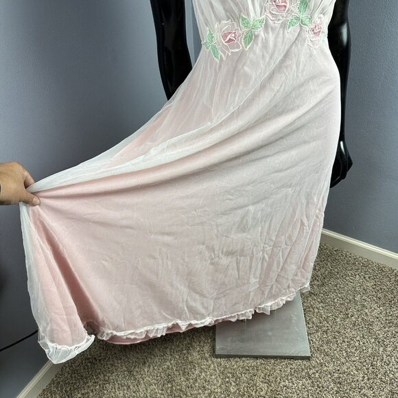 Vtg Double Layer Sheer Chiffon Over Sheath Long Nightgown Floral Strappy 32” B - Picture 4 of 16